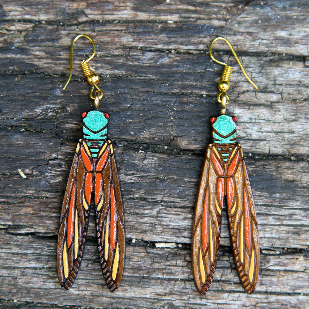 Cicada Art Nouveau Walnut Earrings