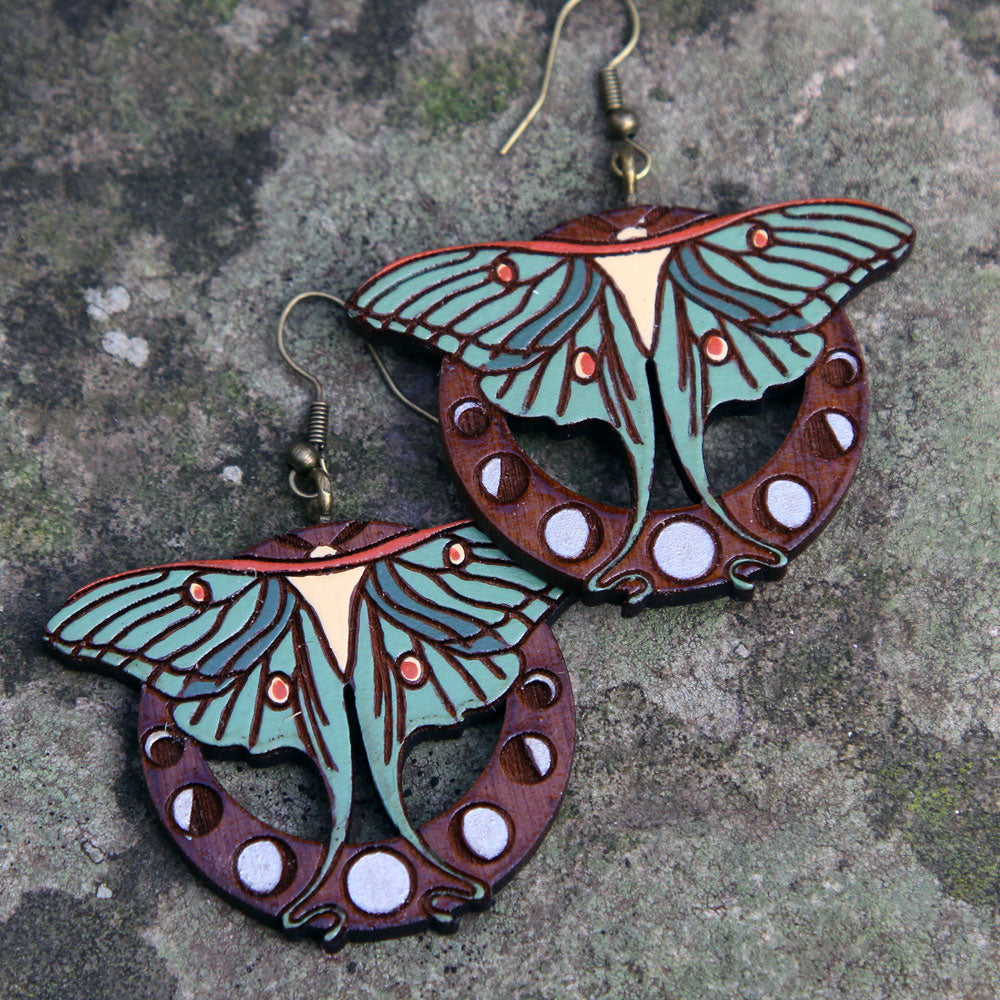 Luna Moth Art Nouveau Walnut Earrings