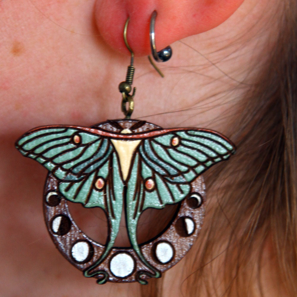 Luna Moth Art Nouveau Walnut Earrings
