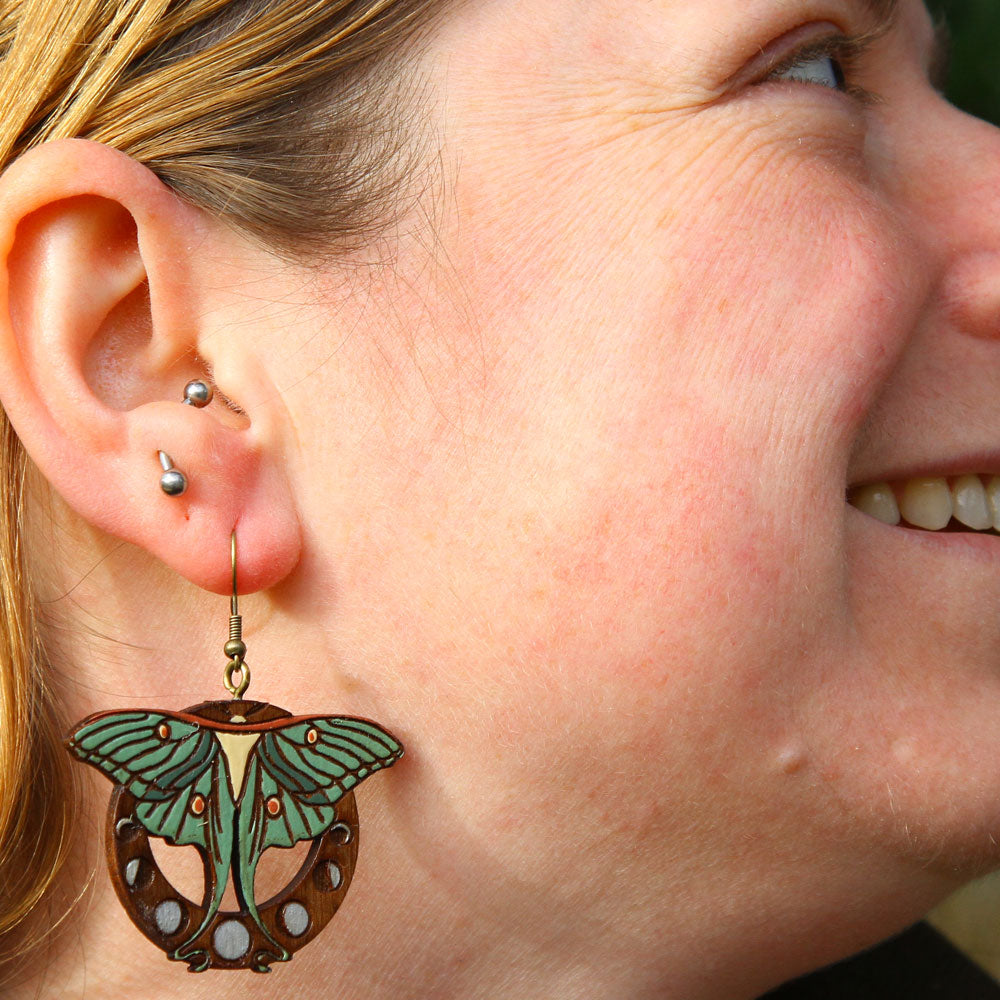 Luna Moth Art Nouveau Walnut Earrings