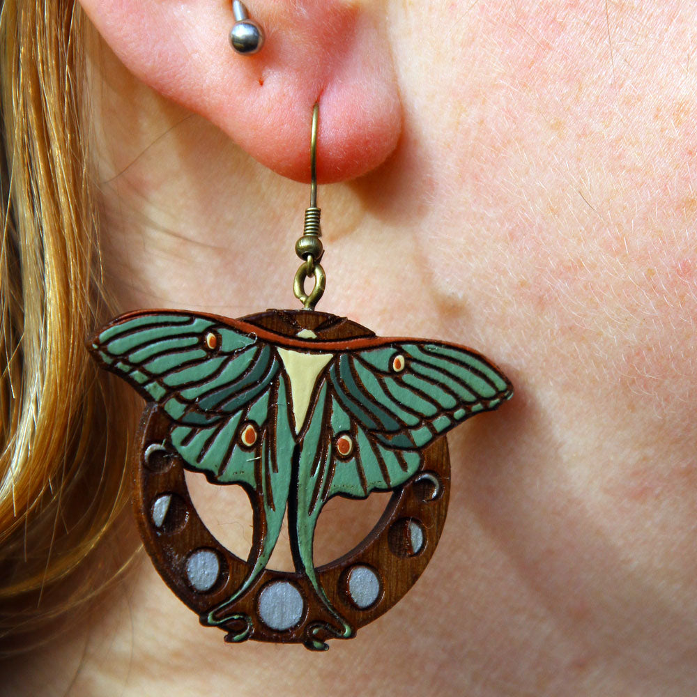 Luna Moth Art Nouveau Walnut Earrings