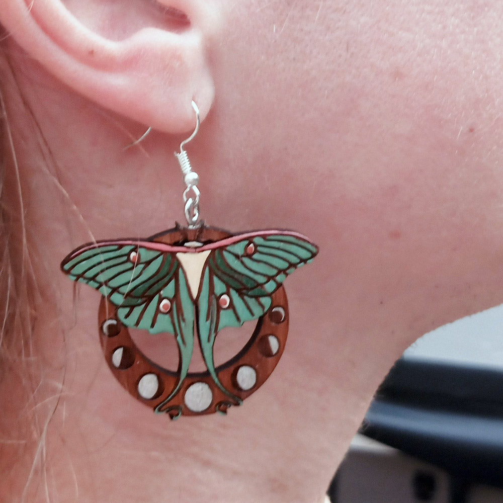 Luna Moth Art Nouveau Walnut Earrings