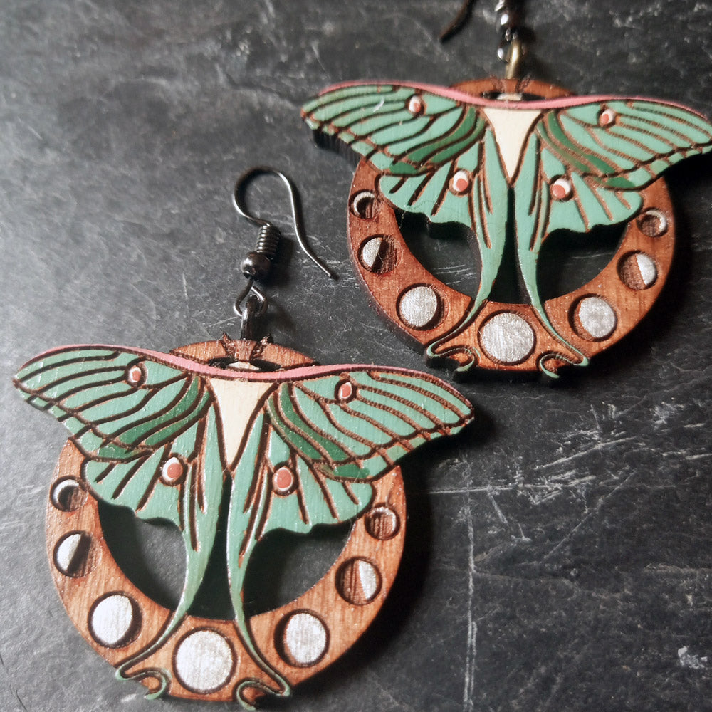 Luna Moth Art Nouveau Walnut Earrings