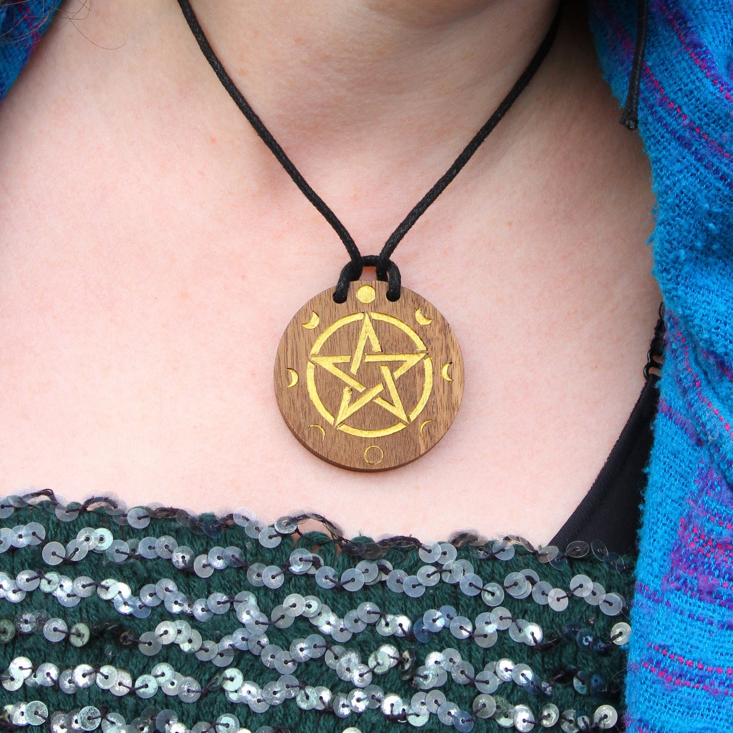 Wiccan Pentacle and Moon Phase Pendant