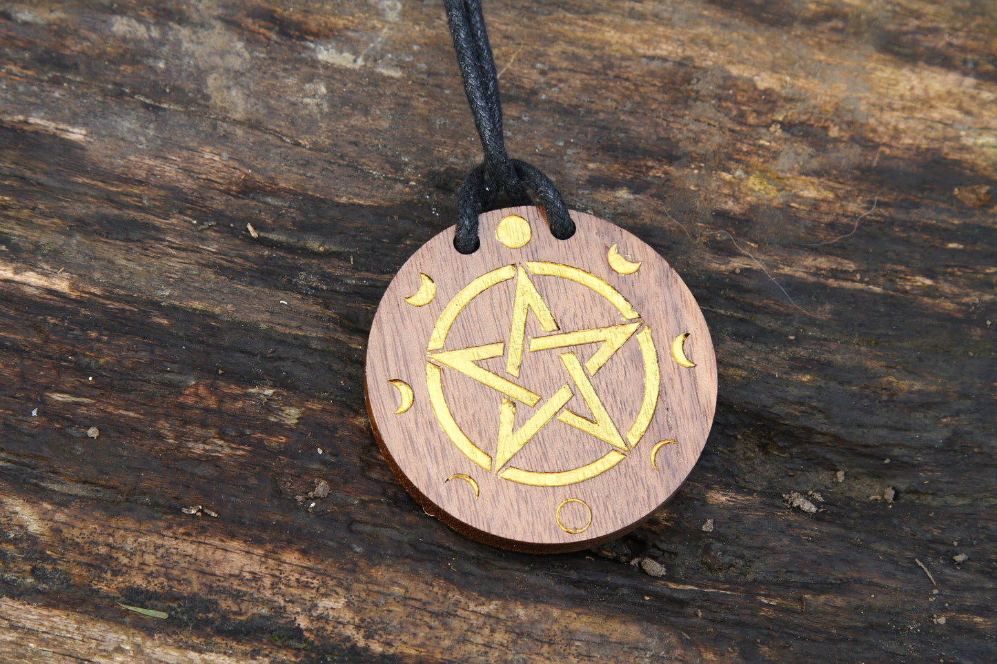 Wiccan Pentacle and Moon Phase Pendant