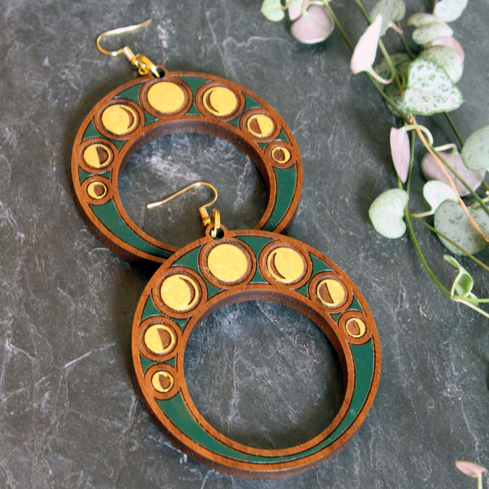 '7 Moons' Art Nouveau Earrings - Dark Forest Green