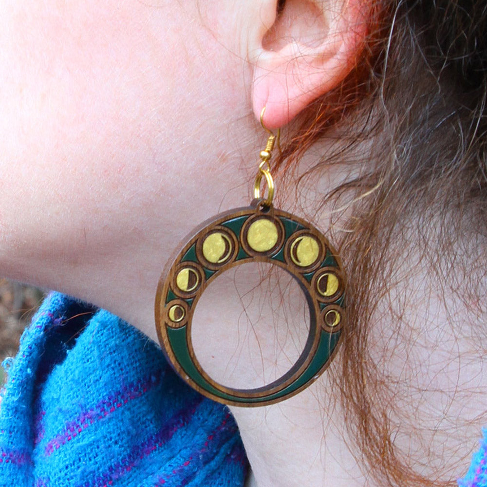 '7 Moons' Art Nouveau Earrings - Dark Forest Green