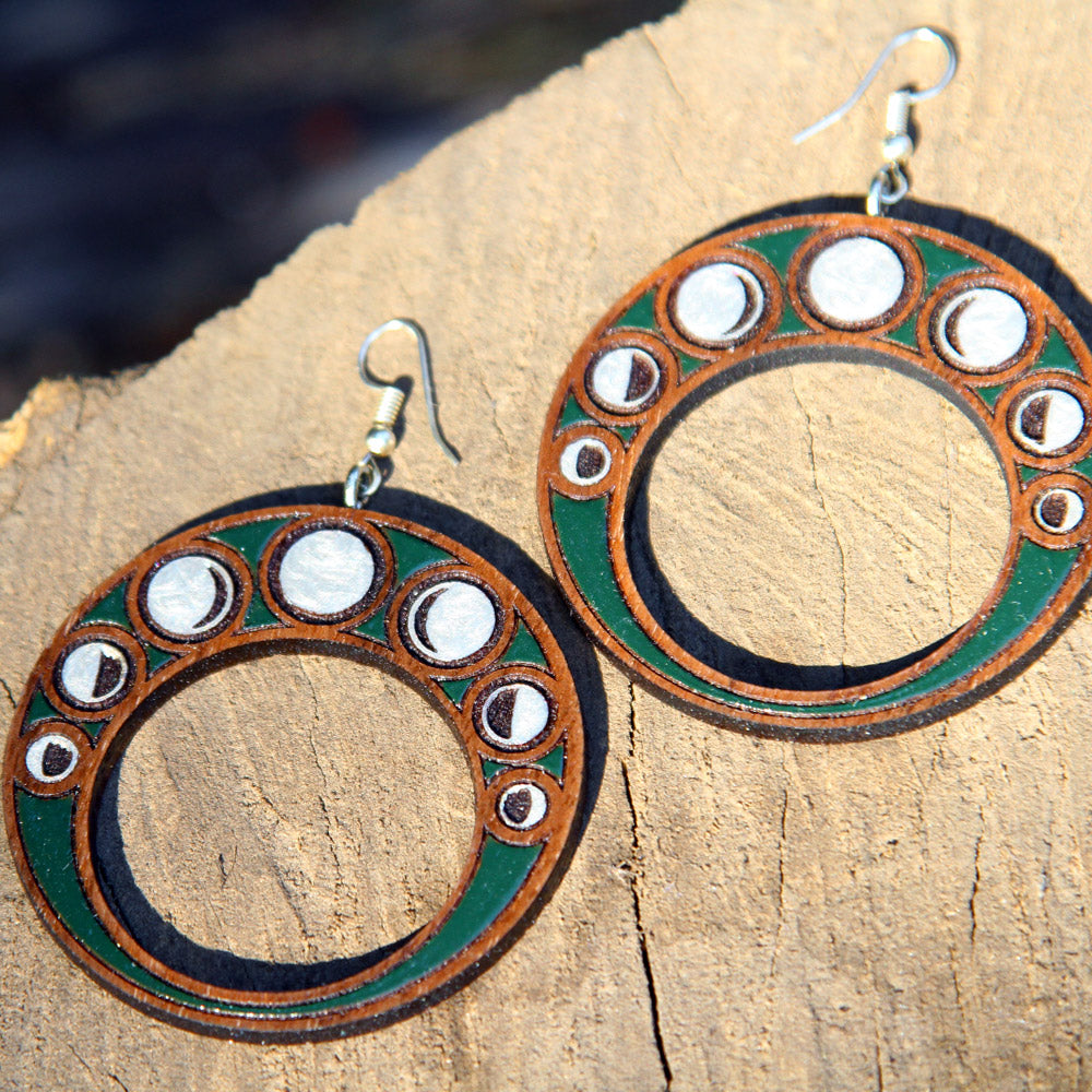 '7 Moons' Art Nouveau Earrings - Dark Forest Green