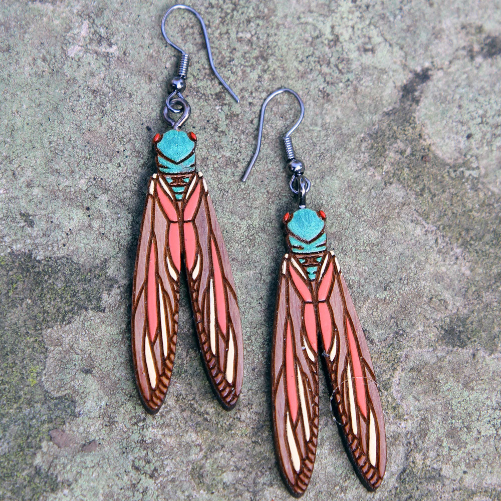 Cicada Art Nouveau Walnut Earrings