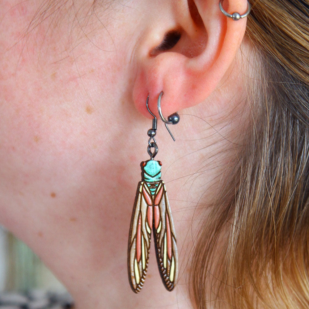 Cicada Art Nouveau Walnut Earrings