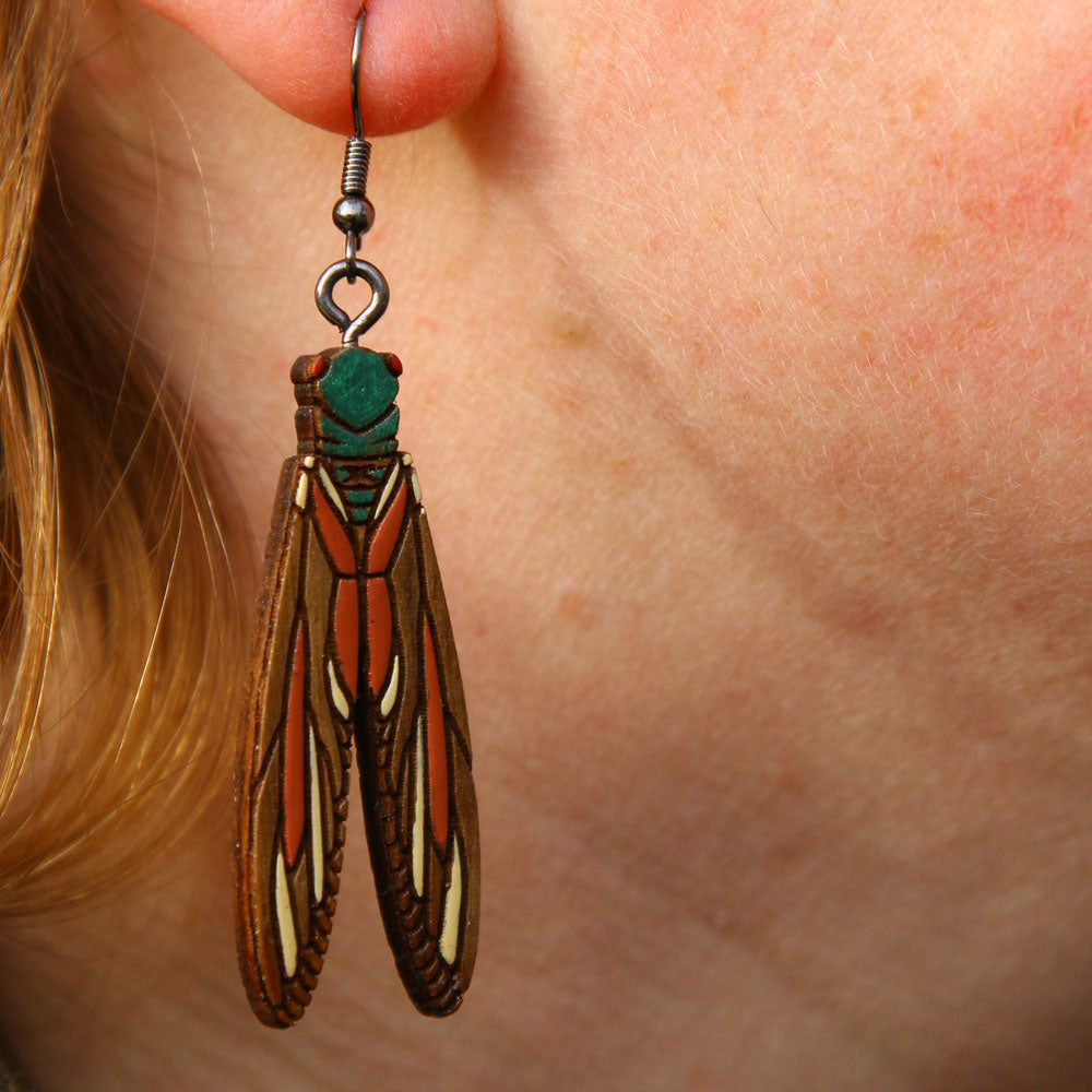 Cicada Art Nouveau Walnut Earrings