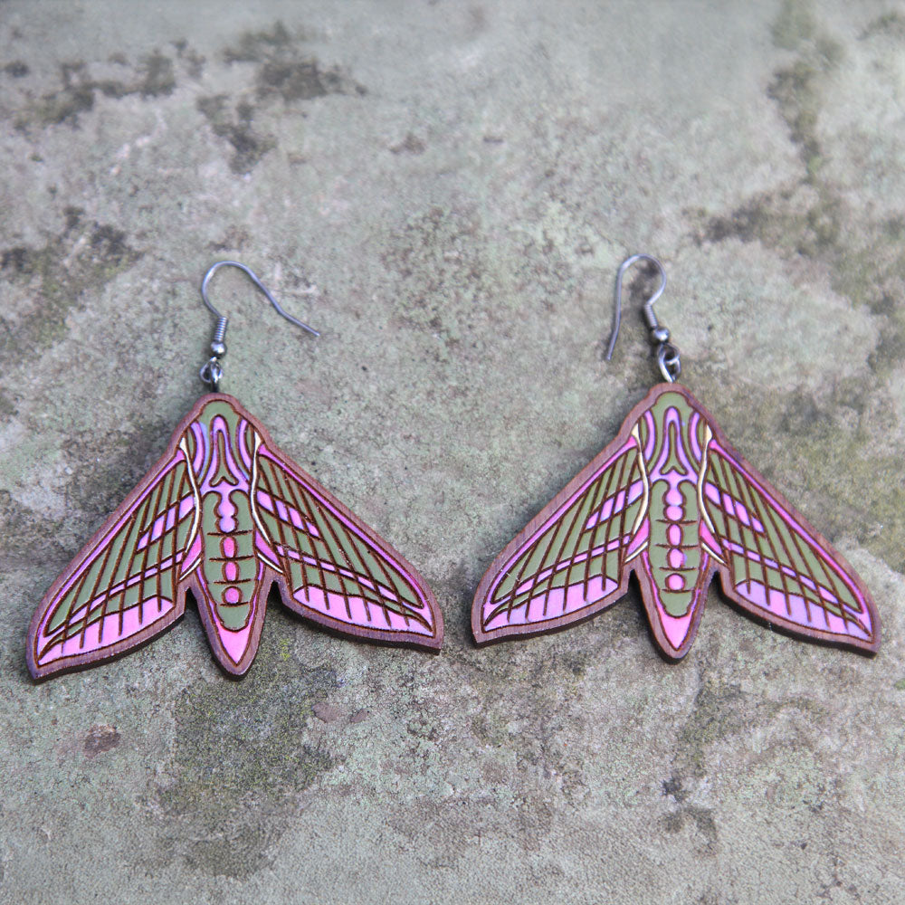 Elephant Hawk Moth Walnut Earrings