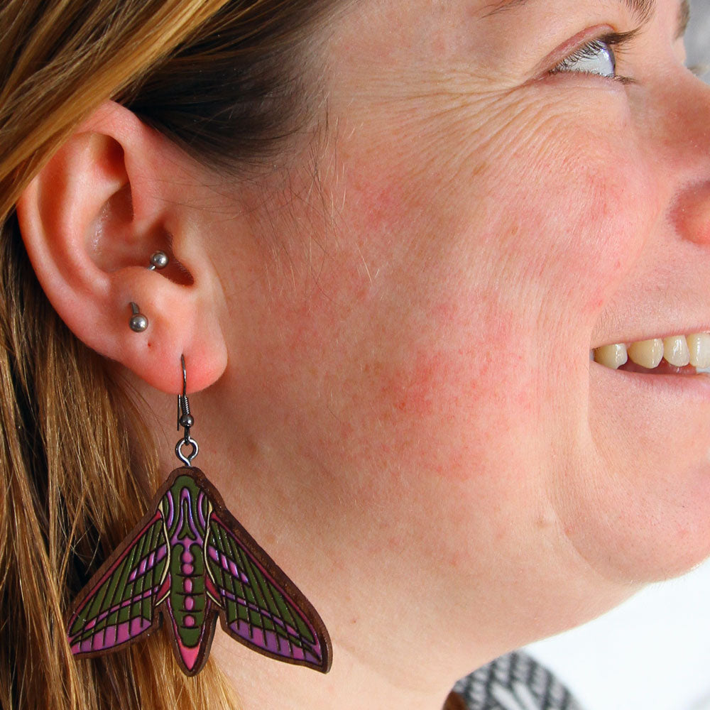 Elephant Hawk Moth Walnut Earrings