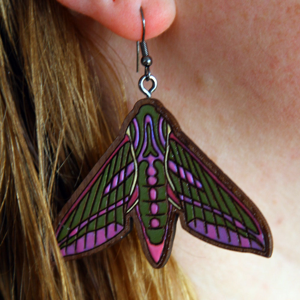 Elephant Hawk Moth Walnut Earrings