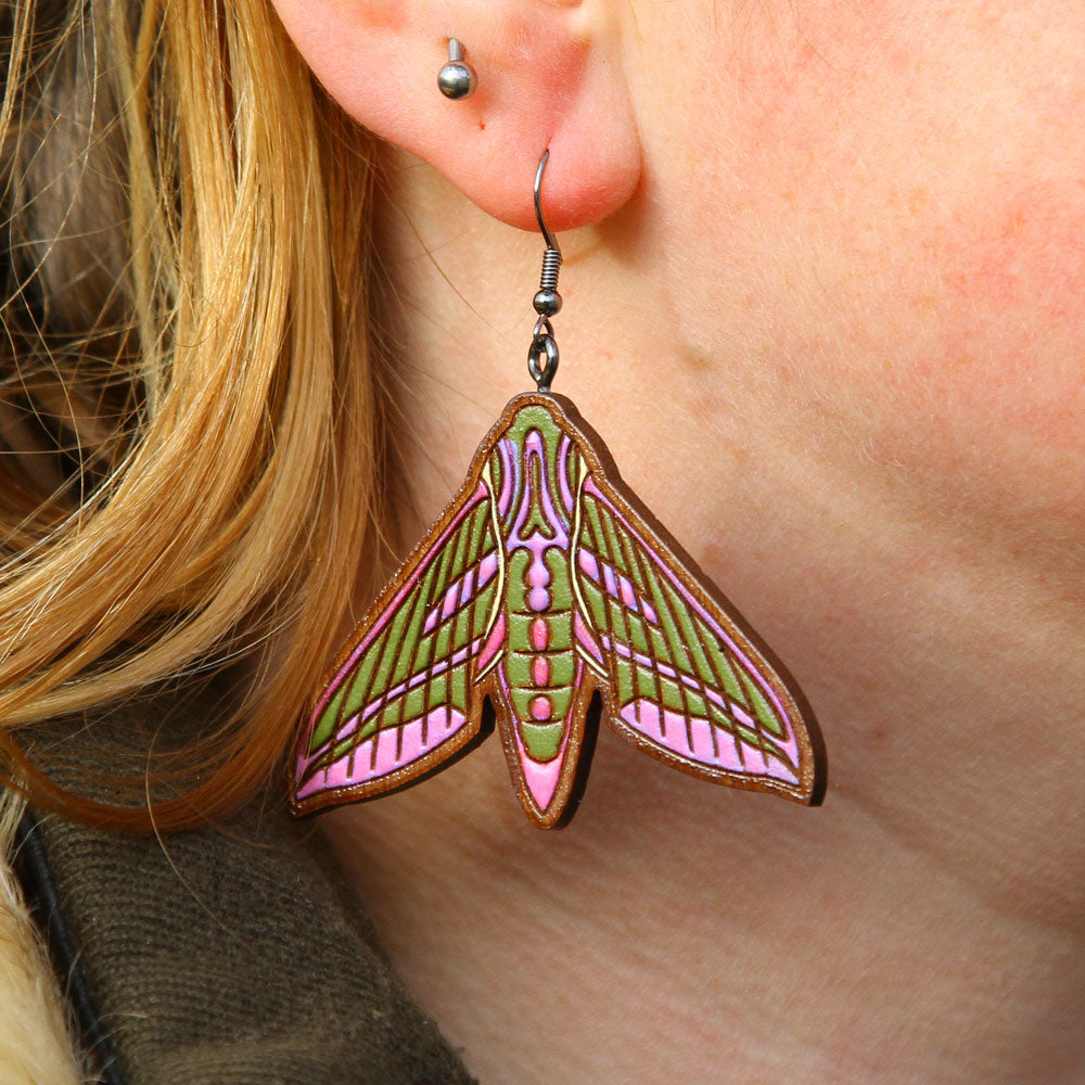 Elephant Hawk Moth Walnut Earrings