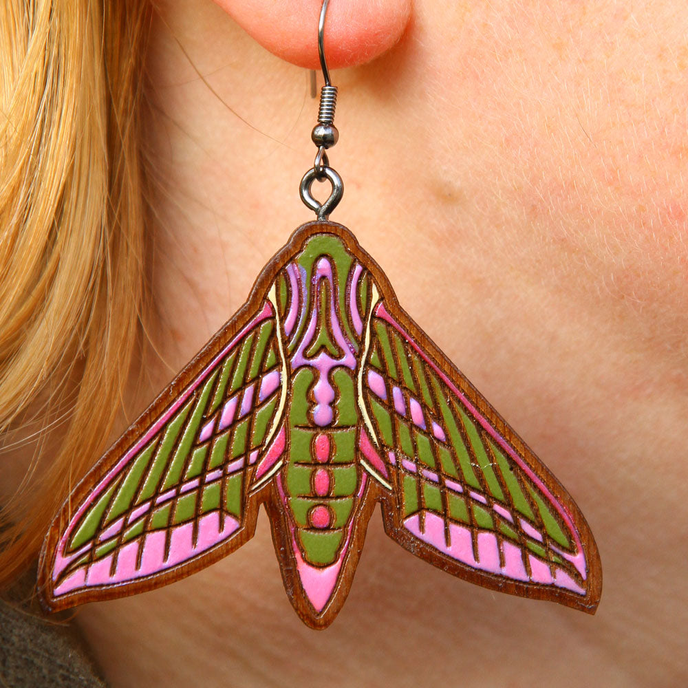 Elephant Hawk Moth Walnut Earrings