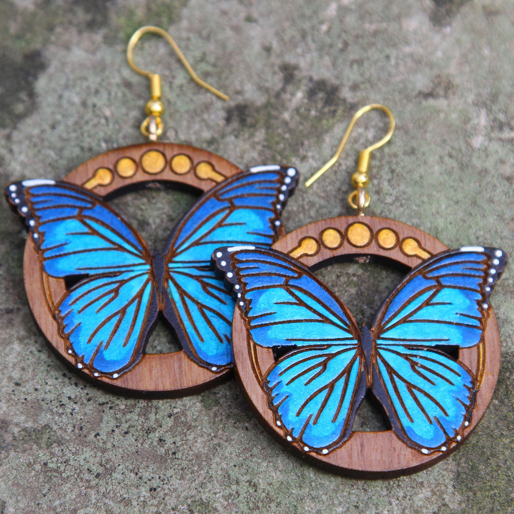 Blue Morpho Butterfly Walnut Earrings