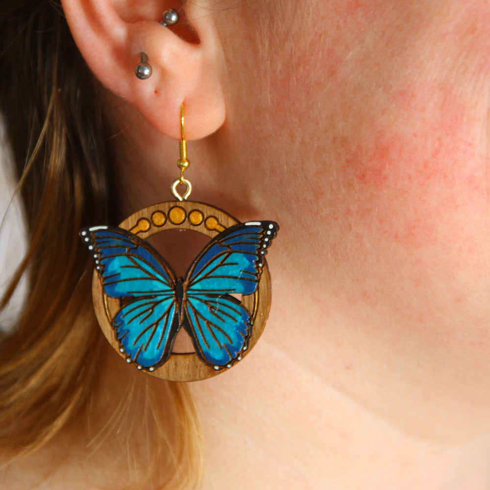 Blue Morpho Butterfly Walnut Earrings