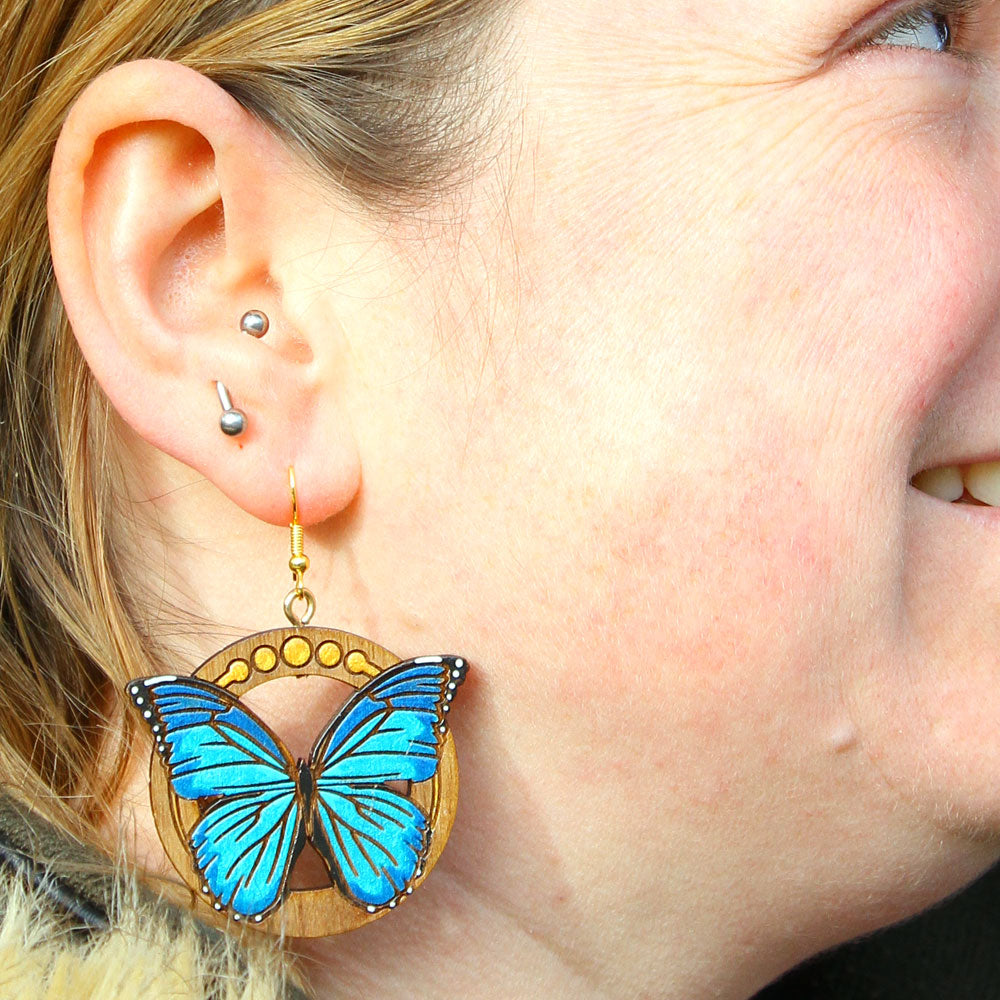 Blue Morpho Butterfly Walnut Earrings