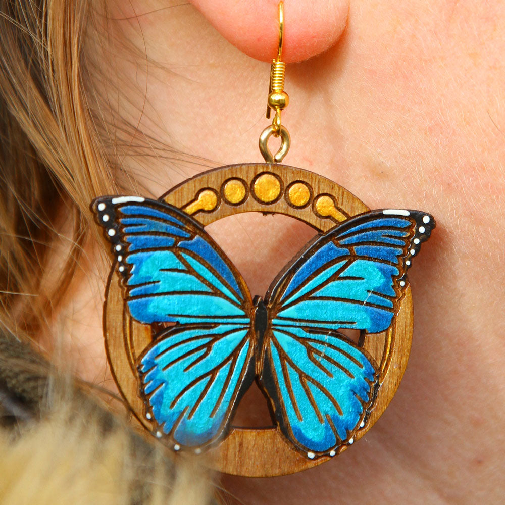 Blue Morpho Butterfly Walnut Earrings