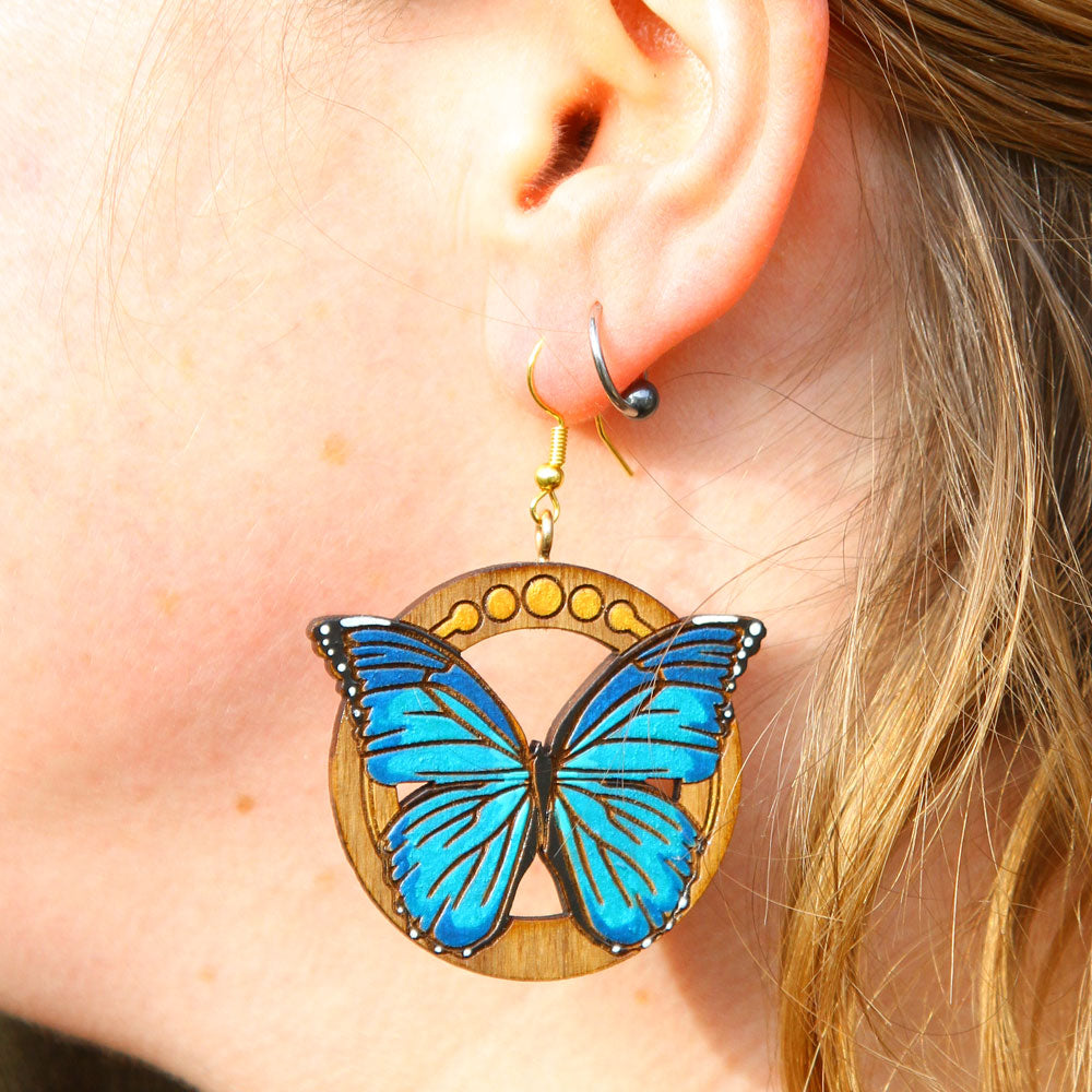 Blue Morpho Butterfly Walnut Earrings